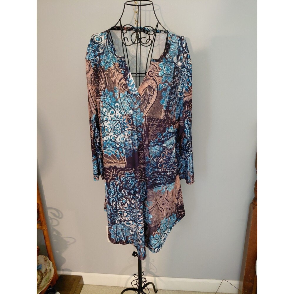 Lily by Firmiana Tunic Womens 3XL Floral Peacock Virbrant Blue, Tan, Black